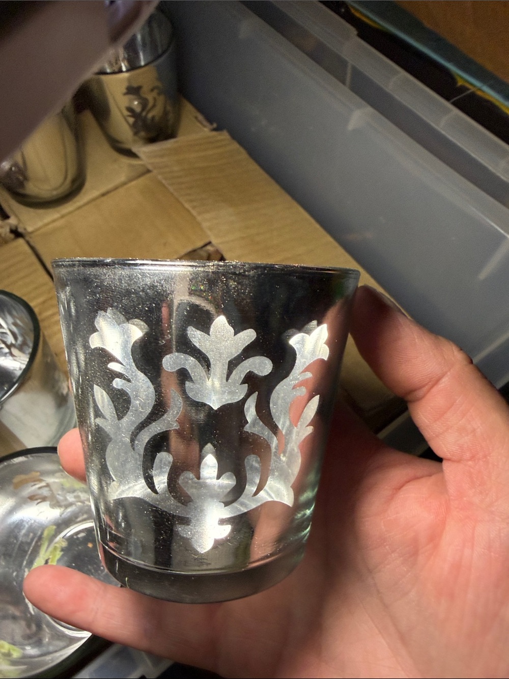 Silver Mercury Glass Votive with White Etched Damask Pattern